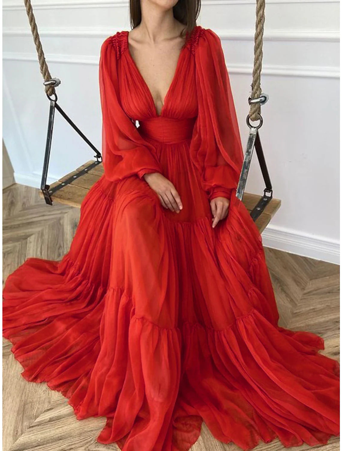 A-Line Evening Gown Elegant Dress Red Green Dress Formal Wedding Guest Floor Length Long Sleeve V Neck Chiffon with Ruched