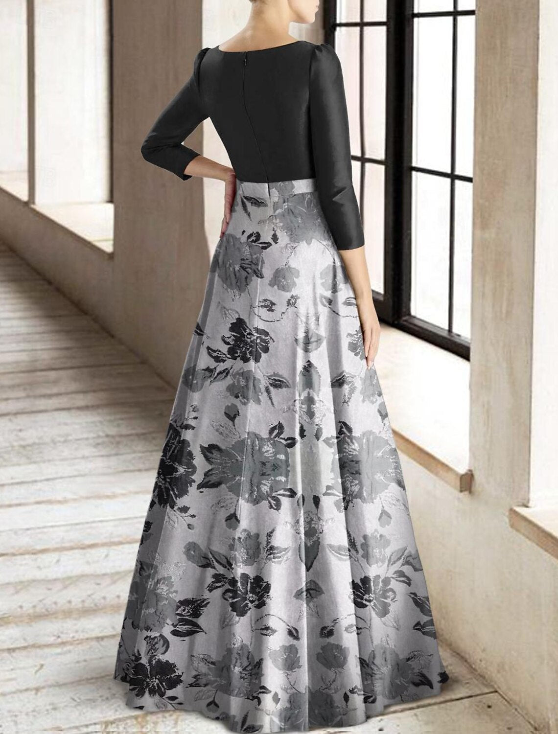 A-Line Mother of the Bride Dress Formal Wedding Guest Elegant Square Neck Floor Length Taffeta Stretch Fabric 3/4 Length Sleeve with Pleats Flower
