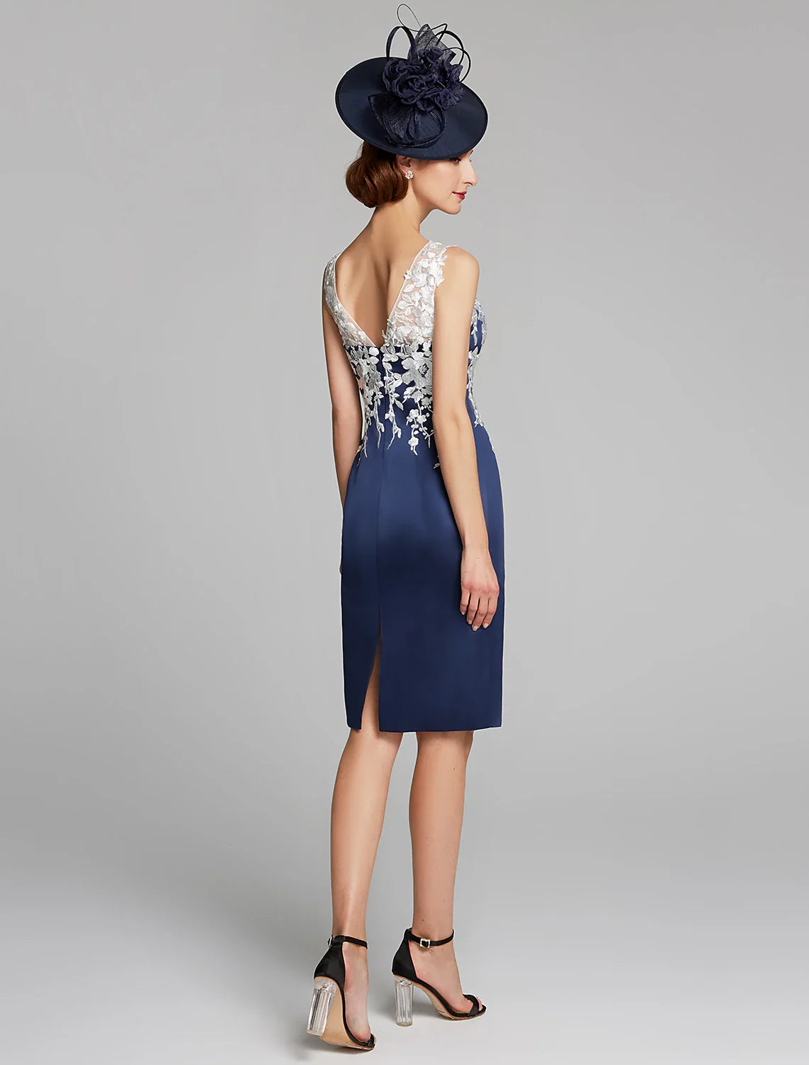 Sheath / Column Mother of the Bride Dress Wrap Included Jewel Neck Knee Length Satin Lace Sleeveless with Appliques