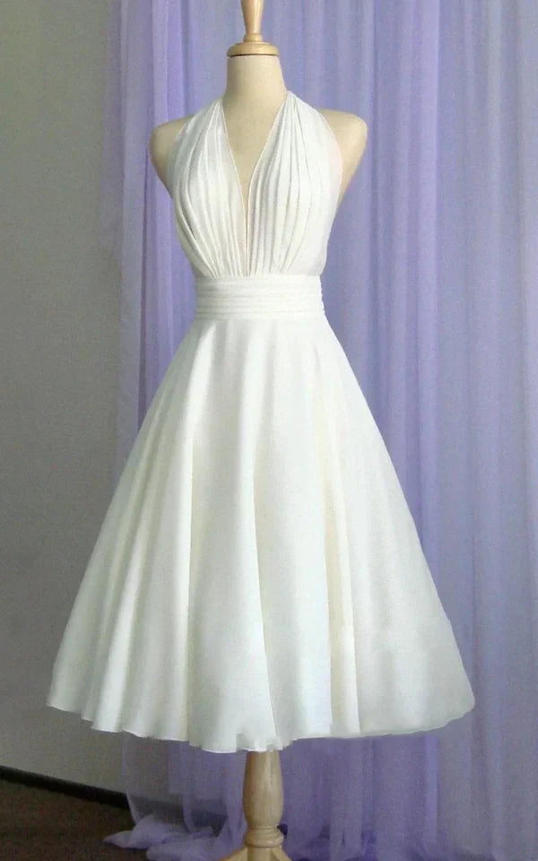Vintage neck hanging bow tea long chiffon wedding dress