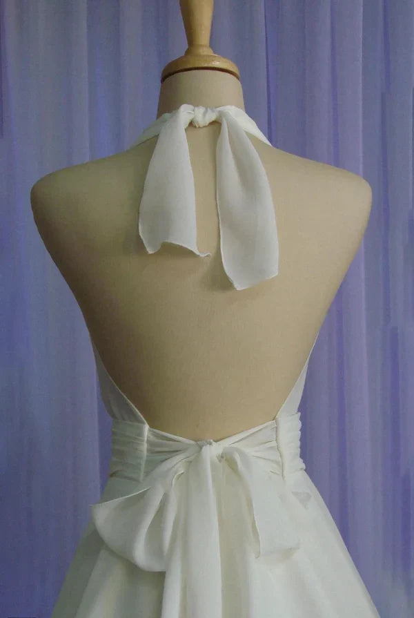 Vintage neck hanging bow tea long chiffon wedding dress