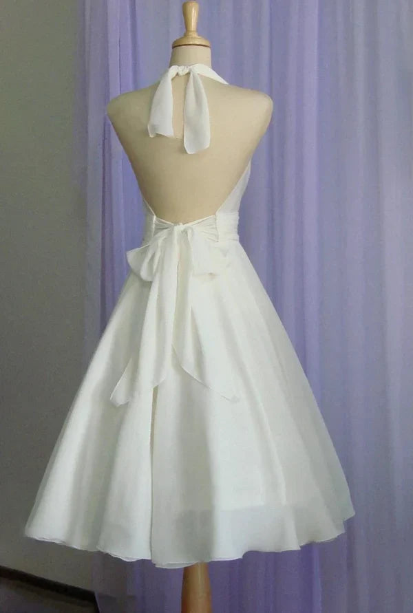 Vintage neck hanging bow tea long chiffon wedding dress