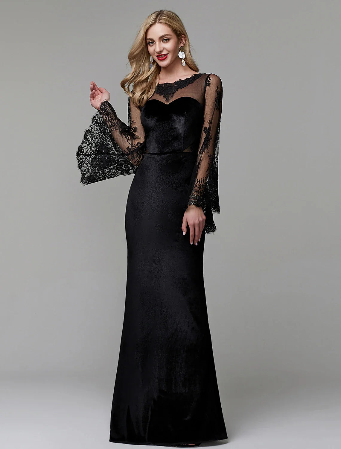 Sheath / Column Elegant Dress Wedding Guest Engagement Floor Length Long Sleeve Illusion Neck Lace with Lace Insert
