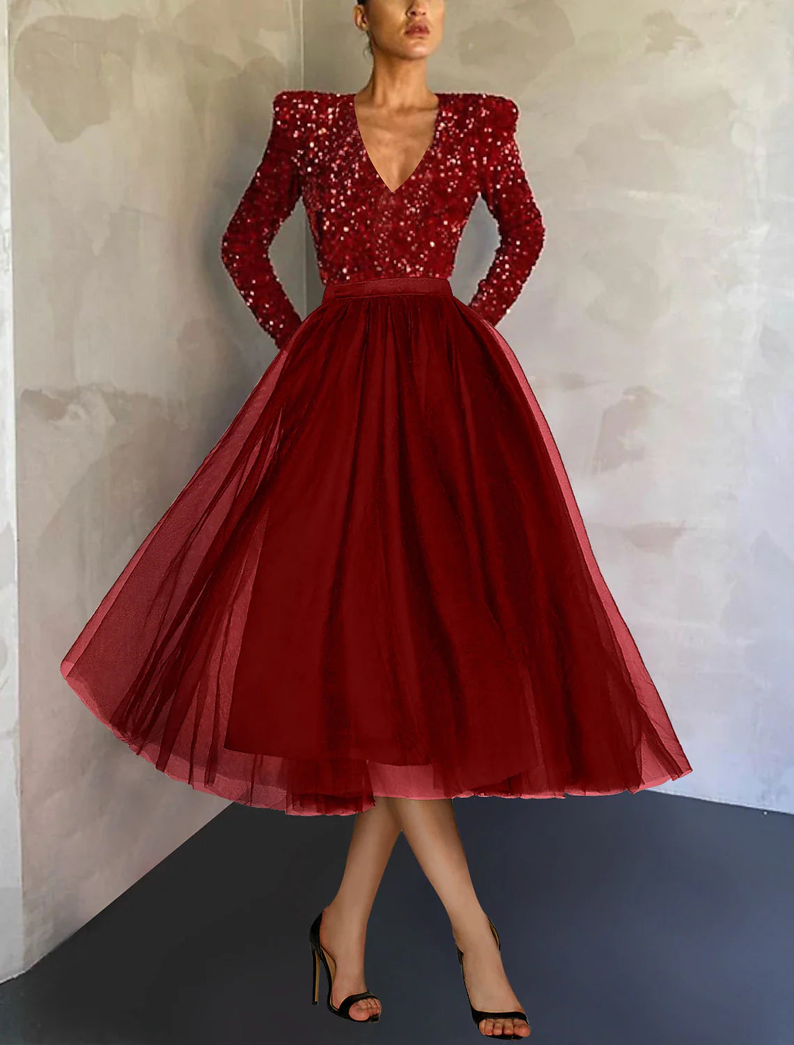 Wholesale Ball Gown A-Line Cocktail Dress Red Green Dresses Vintage Dress Evening Party Cocktail Party Tea Length Long Sleeve Jewel Neck Fall Wedding Guest Tulle with Sequin