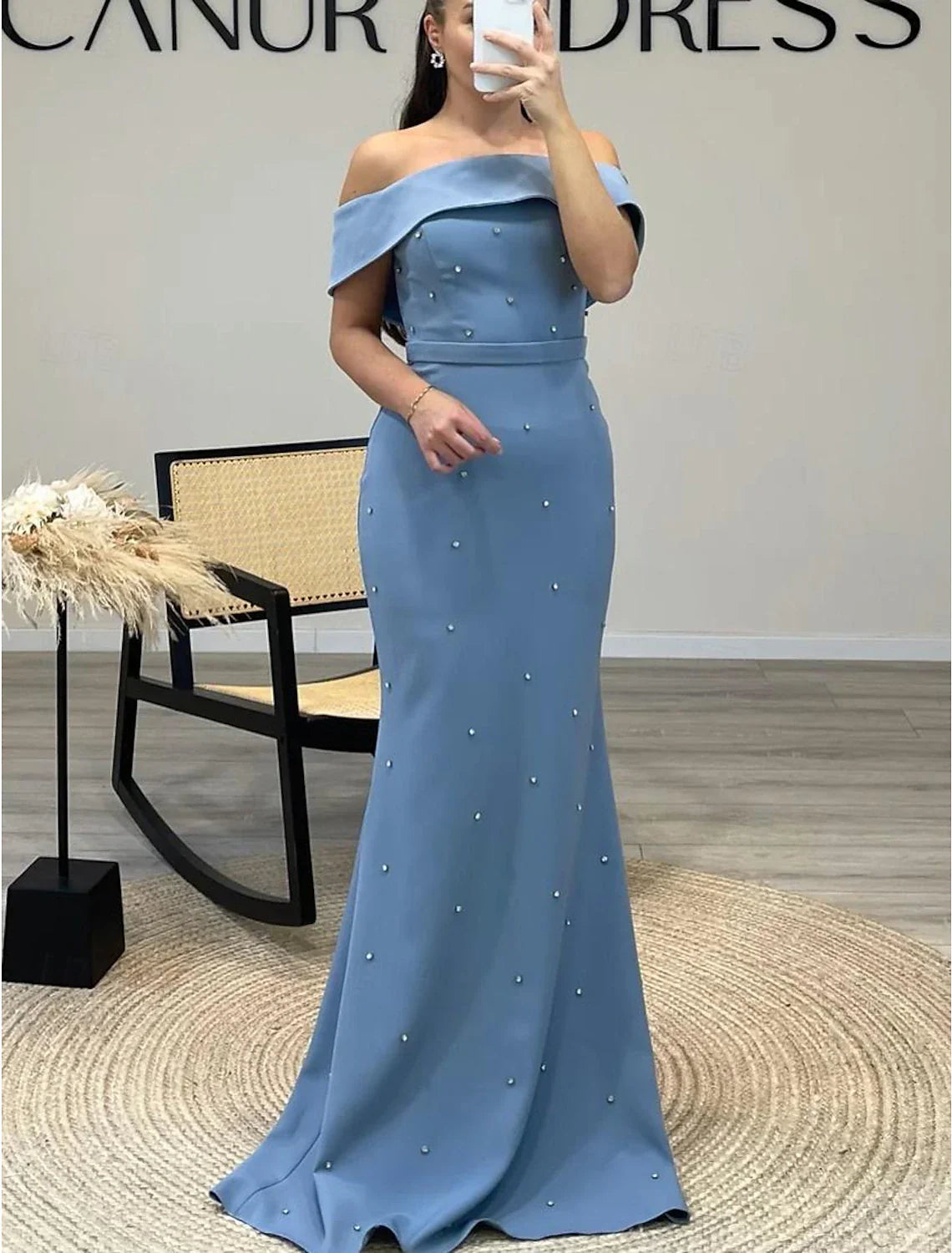 Mermaid / Trumpet Evening Gown Elegant Dress Formal Wedding Guest Floor Length Short Sleeve Off Shoulder Stretch Crepe with Beading
