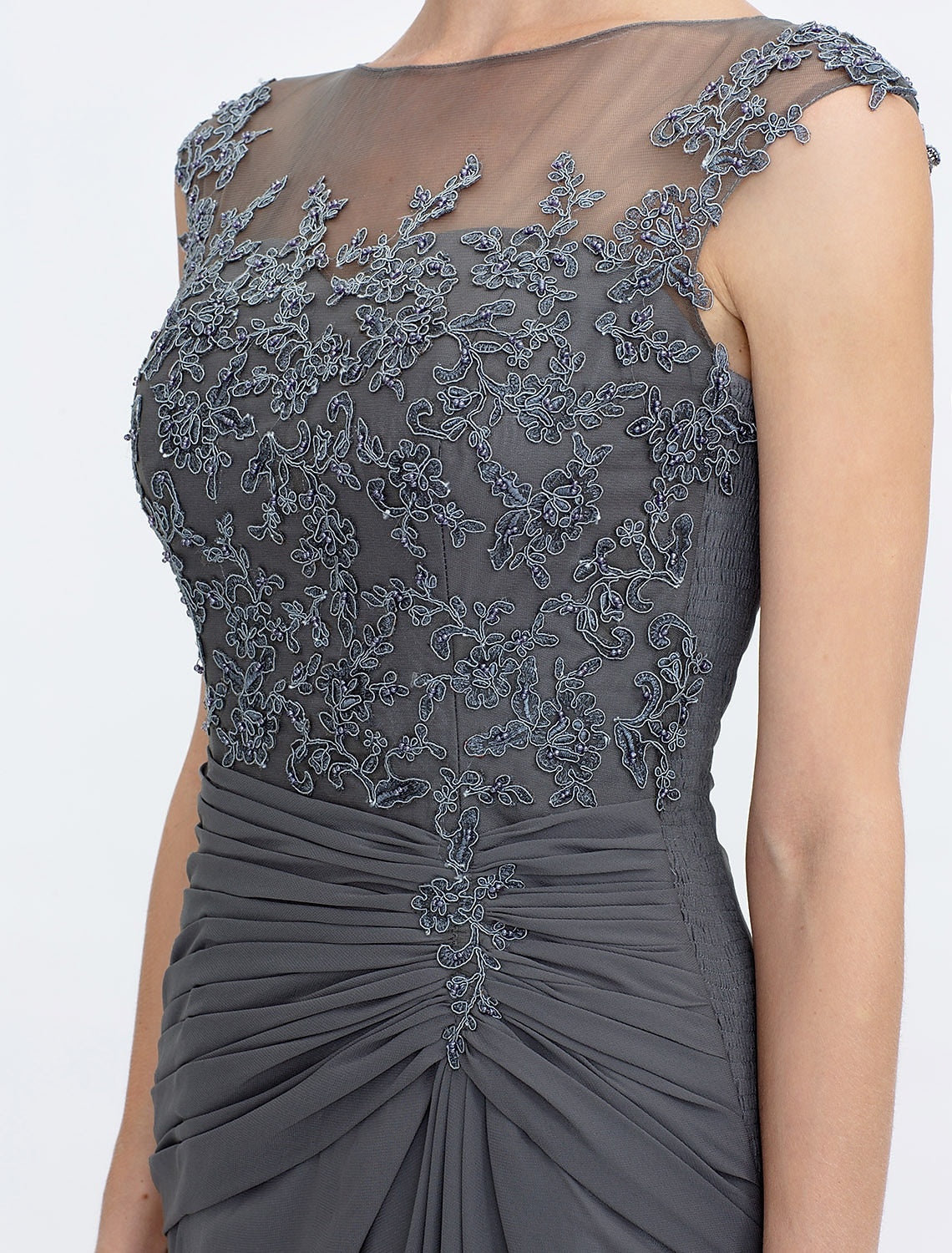 Aimishang A-Line Mother of the Bride Dress Wedding Guest Elegant See Through Bateau Neck Floor Length Chiffon Lace Sleeveless with Side Draping Fall