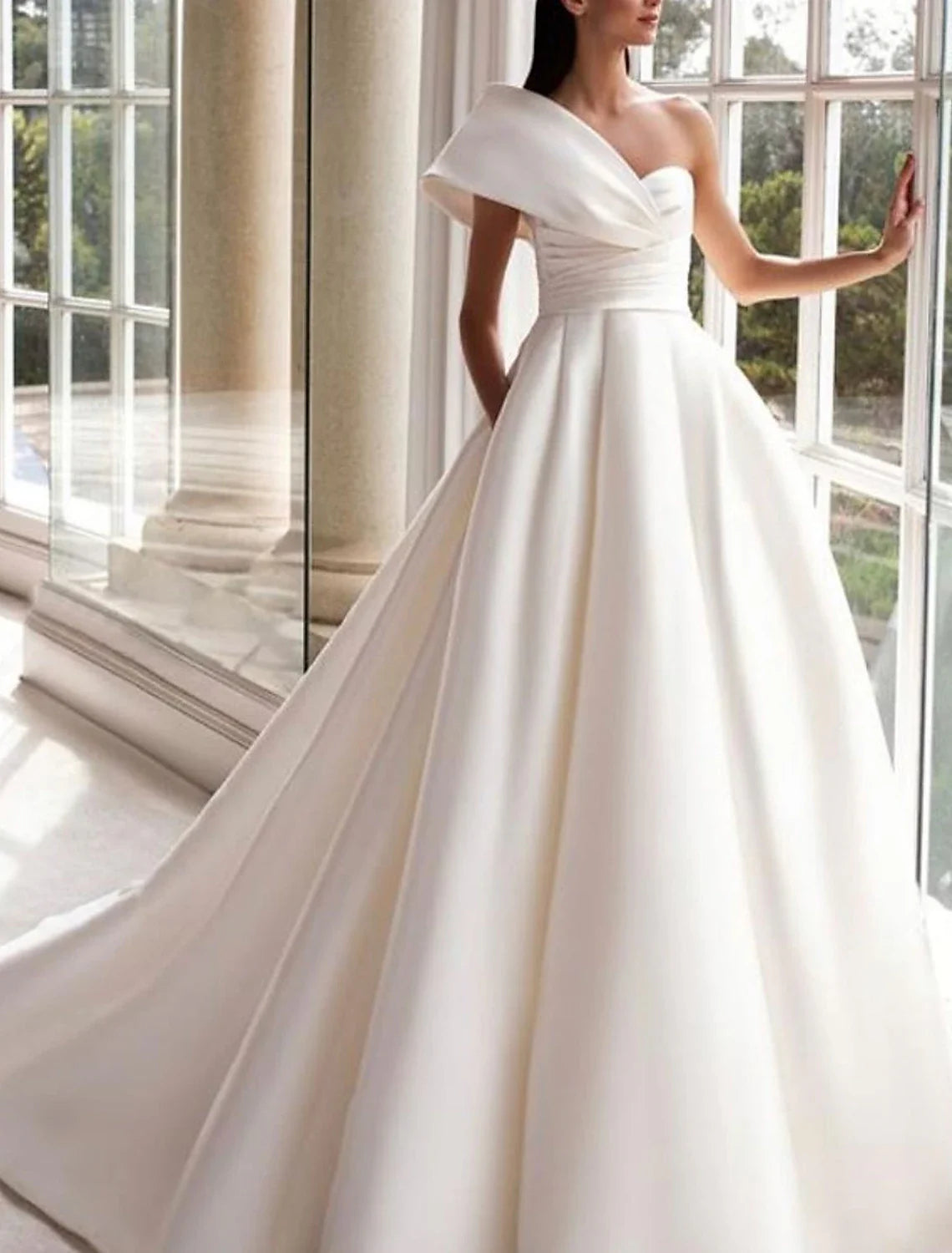 Aimishang Hall Formal Wedding Dresses A-Line One Shoulder Sleeveless Sweep / Brush Train Satin Bridal Gowns With Ruched