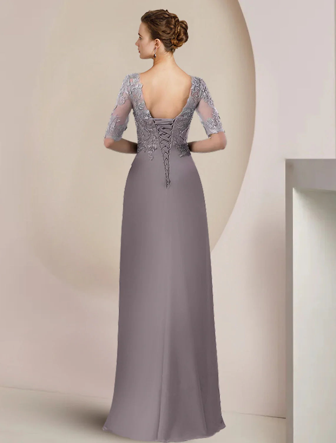 Sheath / Column Mother of the Bride Dress Formal Wedding Guest Elegant Scoop Neck Floor Length Chiffon Lace Half Sleeve with Beading Appliques