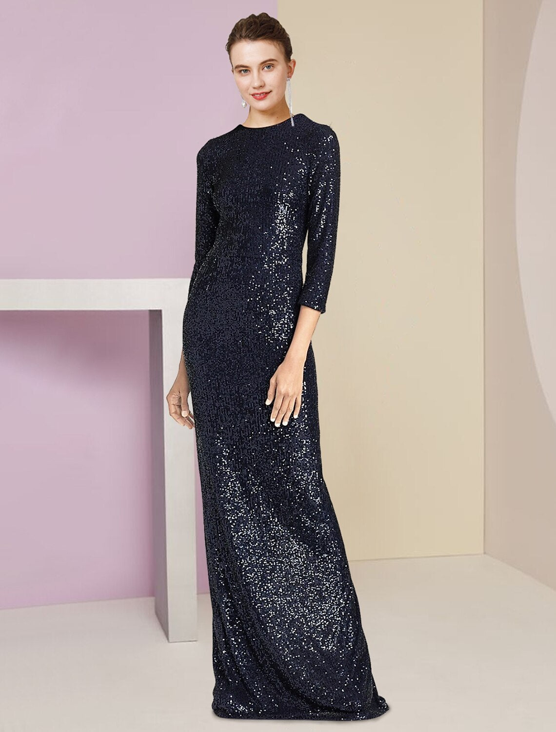 Two Piece Sheath / Column Mother of the Bride Dress Formal Wedding Guest Sparkle & Shine Elegant Scoop Neck Floor Length Detachable Taffeta Sequined 3/4 Length Sleeve with Bow(s)