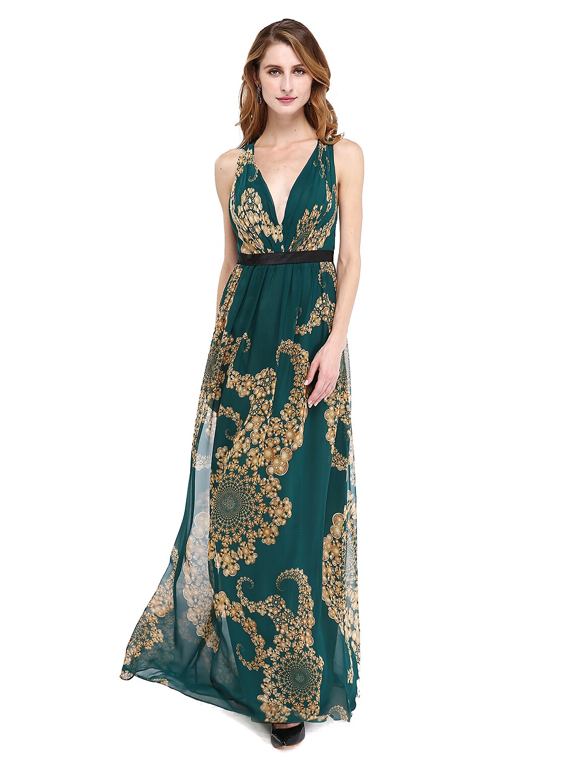 Aimishang A-Line Mother of the Bride Dress Floral Open Back V Neck Floor Length Chiffon Sleeveless No with Sash / Ribbon