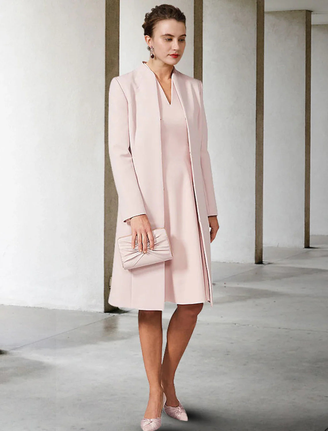 Aimishang Two Piece A-Line Mother of the Bride Dress Wedding Guest Church Elegant V Neck Knee Length Chiffon Short Sleeve Jacket Dresses with Solid Color Fall