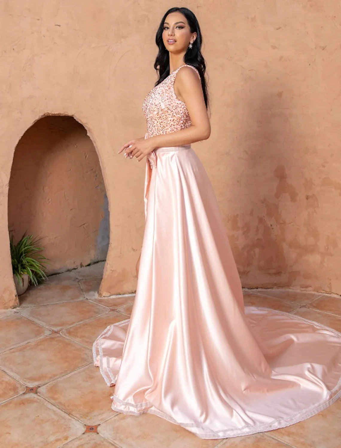 A-Line Evening Gown Plus Size Dress Wedding Party Birthday Sweep / Brush Train Sleeveless One Shoulder Satin with Bow(s) Sequin Slit