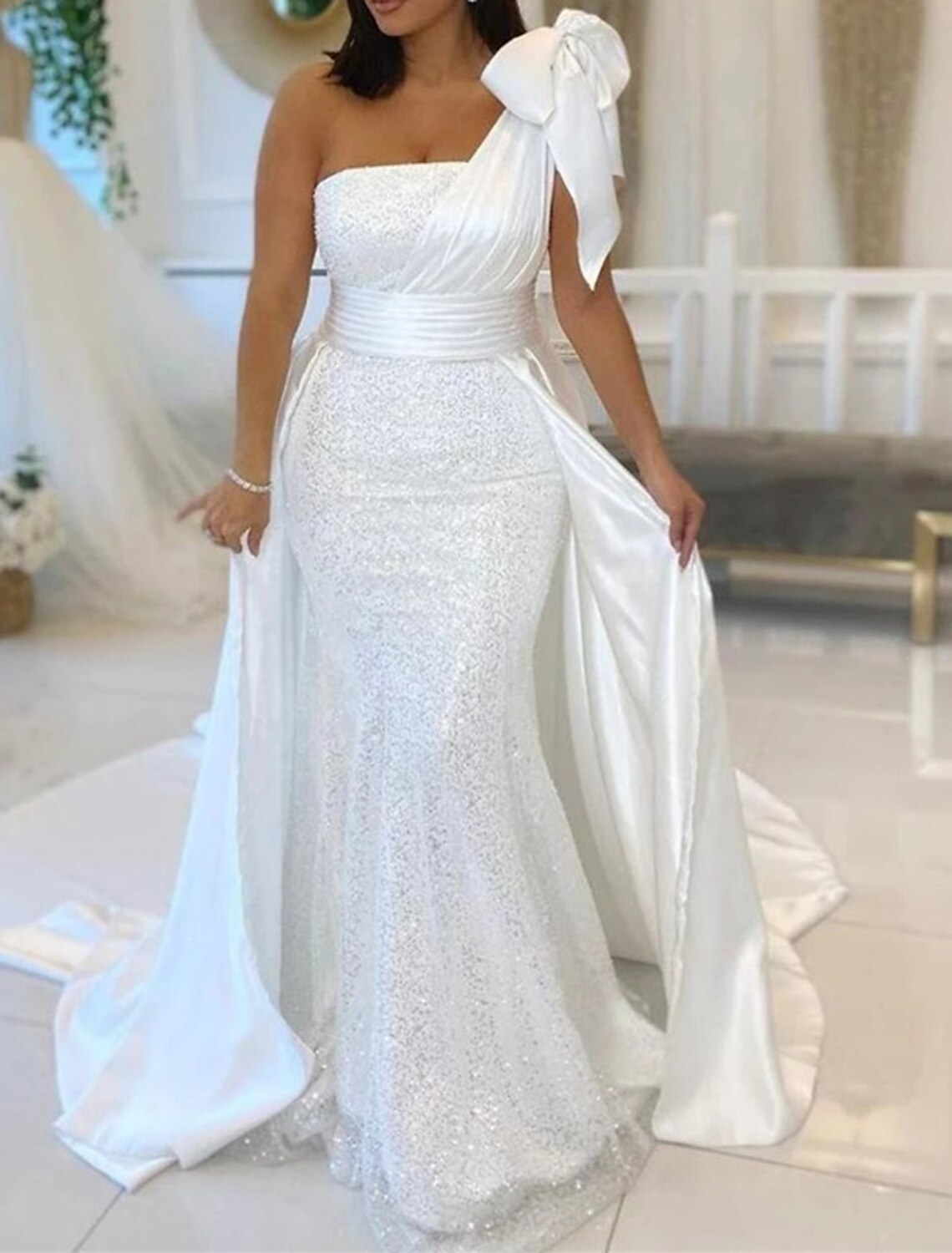 Aimishang Hall Wedding Dresses Mermaid / Trumpet One Shoulder Sleeveless Chapel Train Sequined Bridal Gowns With Bow(s) Sequin