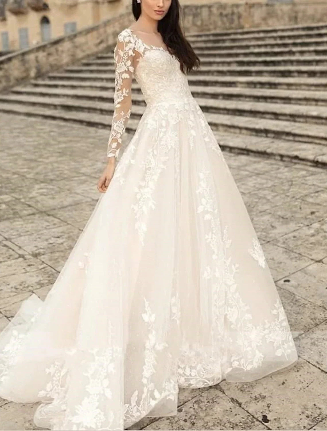 Aimishang Beach Formal Wedding Dresses A-Line V Neck Long Sleeve Sweep / Brush Train Lace Bridal Gowns With Flower Solid Color