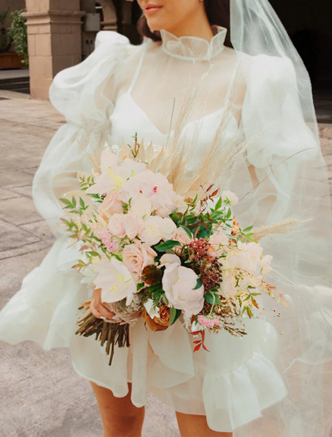 Aimishang Reception Little White Dresses Wedding Dresses A-Line High Neck Long Sleeve Short / Mini Organza Bridal Gowns With Pick Up Skirt Summer Wedding Party