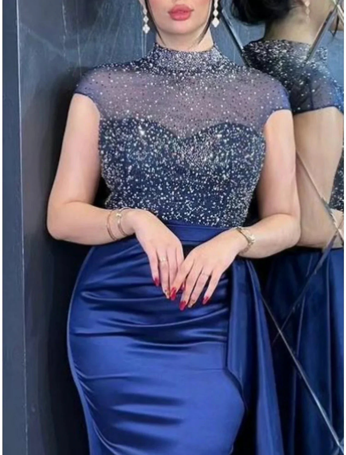 A-Line Evening Gown Elegant Dress Formal Floor Length Short Sleeve High Neck  Satin with Ruched Sequin Slit 2025