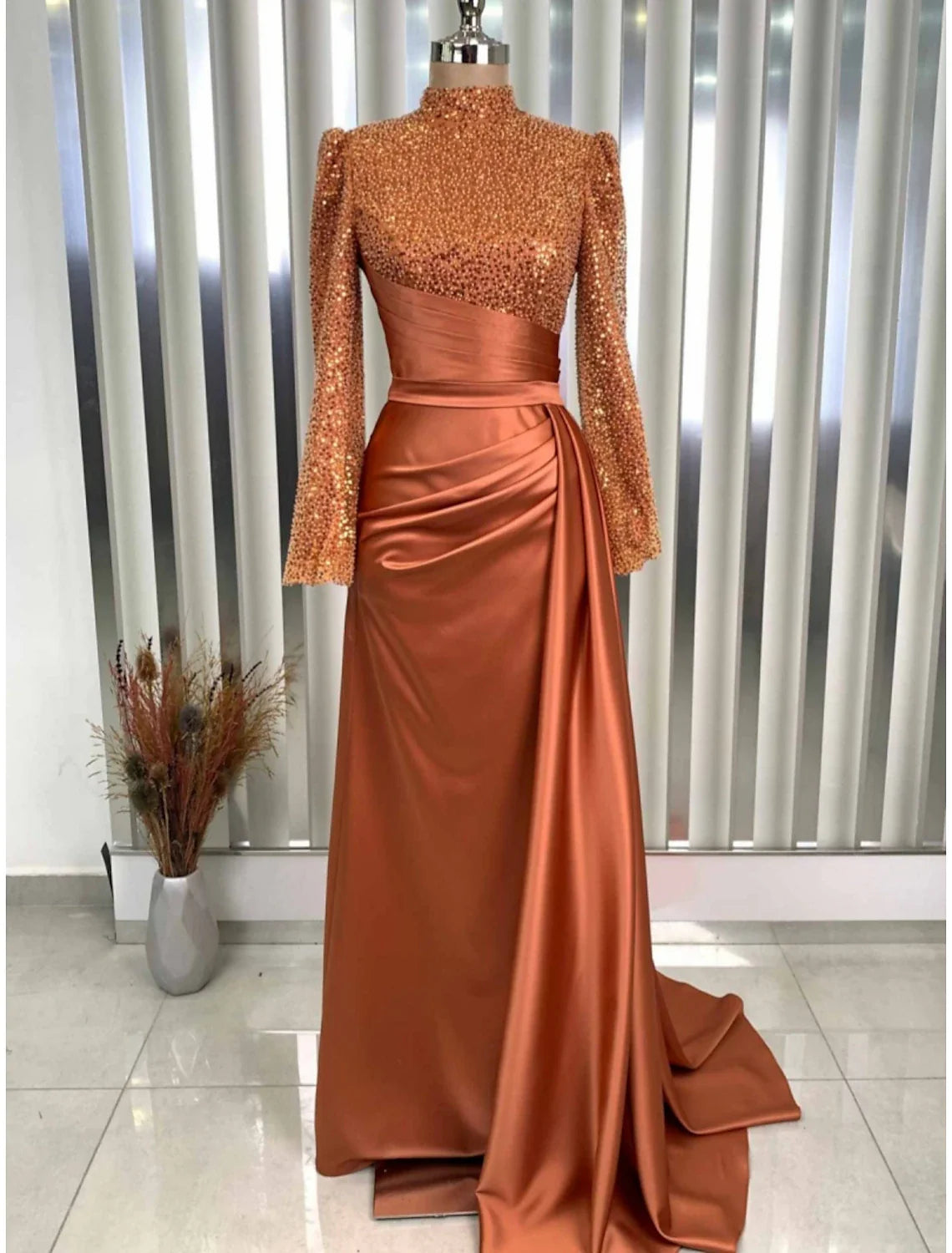 Aimishang A-Line Evening Gown Champagne Christmas Elegant Dress Formal Sweep / Brush Train Long Sleeve High Neck Satin with Glitter Pleats Ruched
