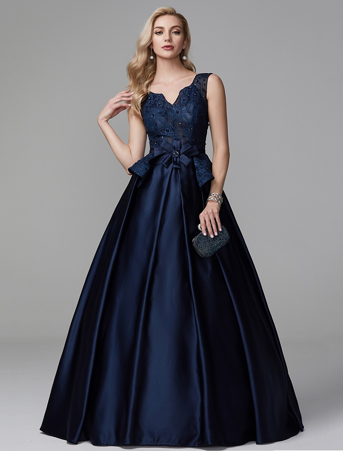 Aimishang Ball Gown Peplum Quinceanera Formal Evening Dress V Neck Sleeveless Floor Length Lace with Bow(s) Beading