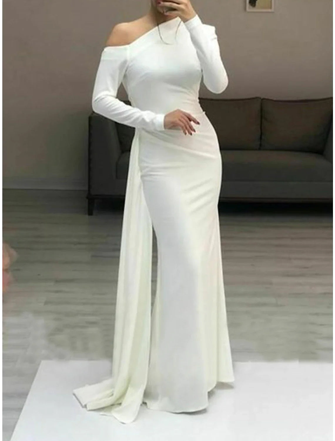 Sheath / Column Minimalist Elegant Wedding Guest Formal Evening Dress One Shoulder Long Sleeve Floor Length  Fabric with Sleek Ruched 2025