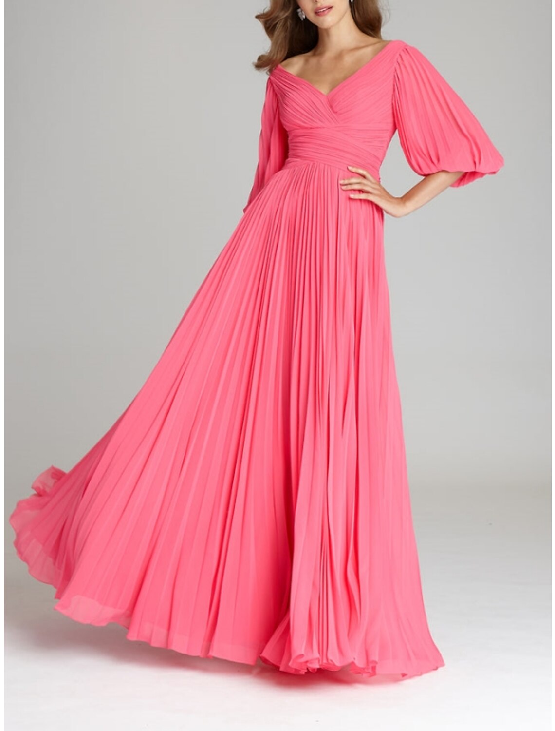 A-Line Evening Gown Elegant Dress Formal Floor Length Half Sleeve V Neck Chiffon with Pleats Ruched