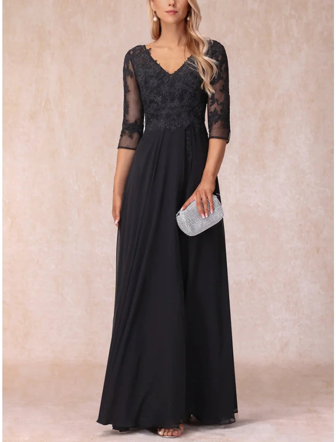 Aimishang A-Line Mother of the Bride Dress Wedding Guest Elegant V Neck Floor Length Chiffon Lace 3/4 Length Sleeve with Ruching Solid Color
