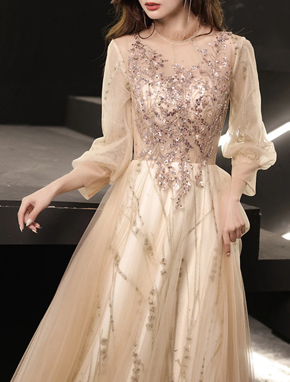 A-Line Prom Dresses Glittering Dress Wedding Guest Prom Floor Length Long Sleeve High Neck Tulle with Beading Appliques 2025
