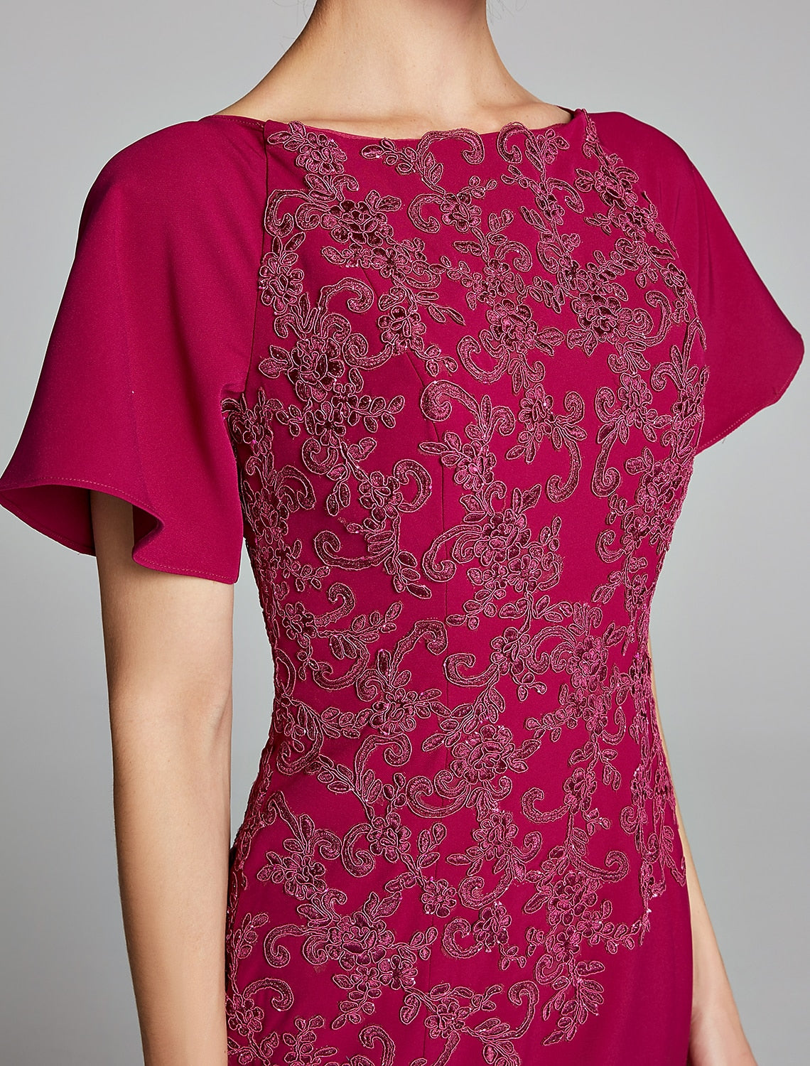 Aimishang Mermaid / Trumpet Mother of the Bride Dress Bateau Neck Floor Length Chiffon Lace Short Sleeve with Lace Split Front