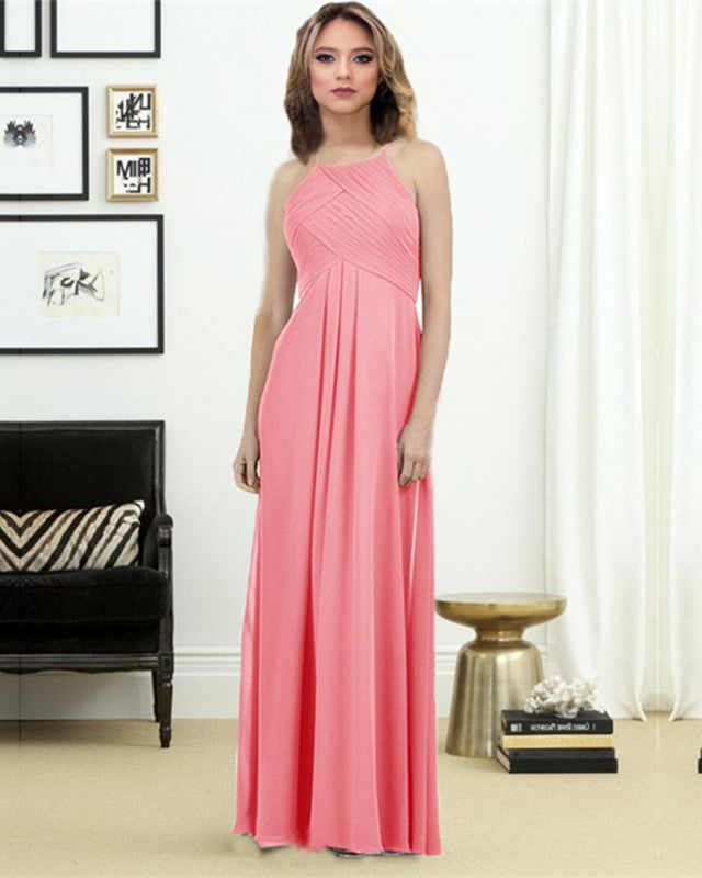 Elegant Pleated Halter Long Chiffon Floor Length Bridesmaid Dresses