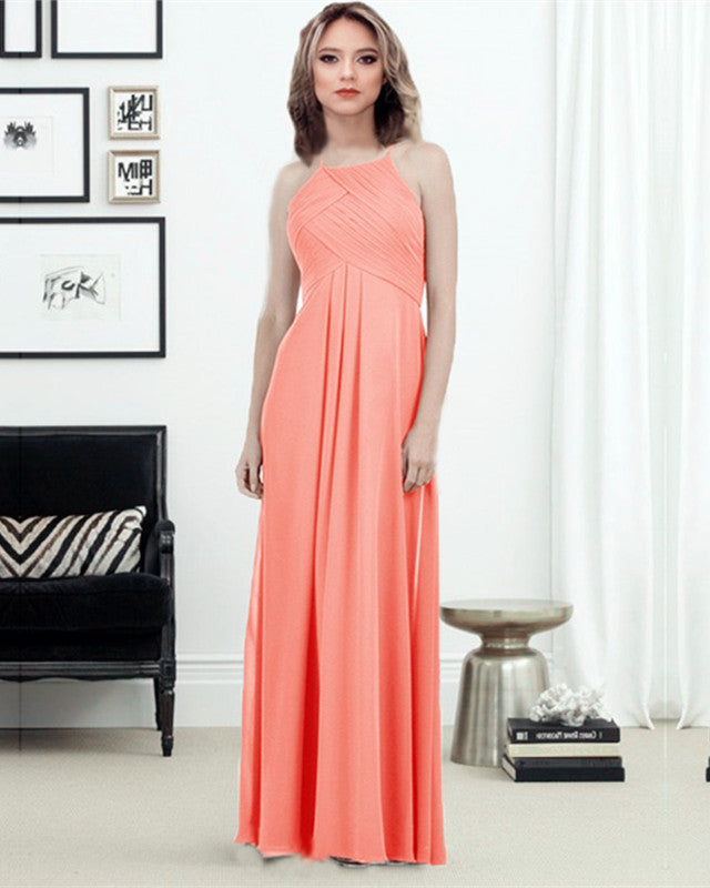 Elegant Pleated Long Chiffon Halter Bridesmaid Dresses