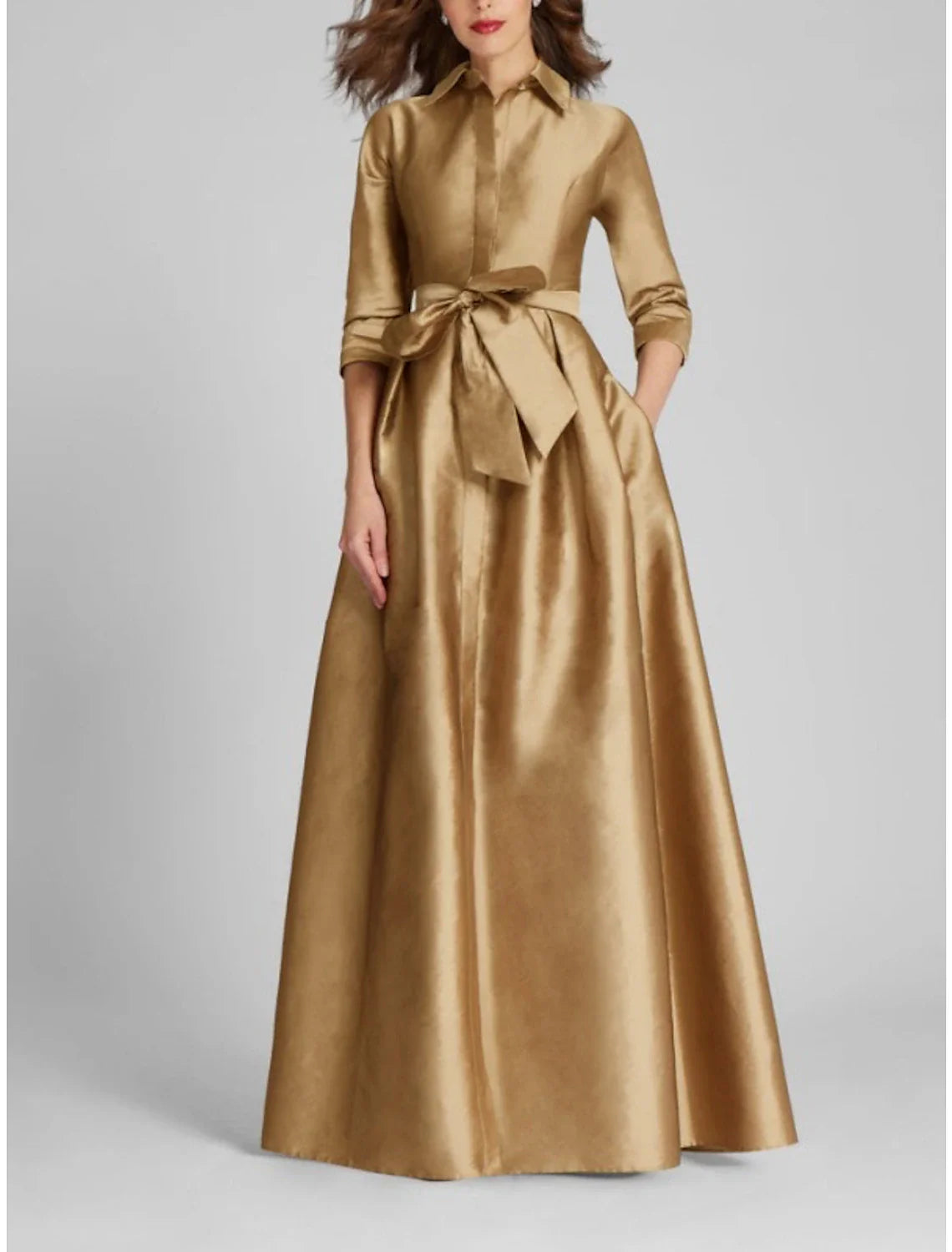 Satin A-Line Evening Gown Champagne Gold Minimalist Black Christmas Red Green Dress Dress Formal Fall Floor Length Half Sleeve Shirt Collar with Bow(s) Pleats 2025