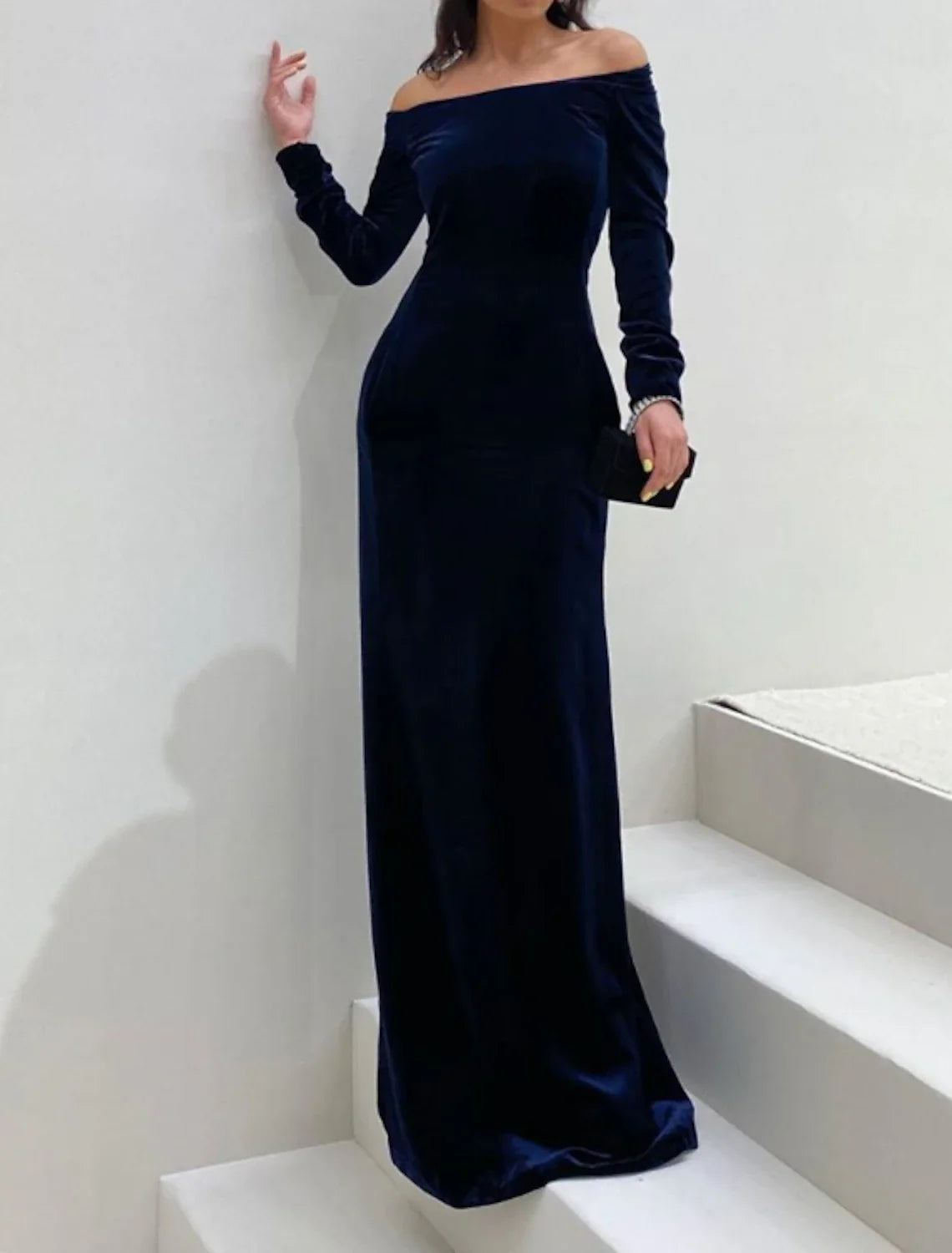 Aimishang Sheath / Column Evening Gown Elegant Dress Formal Evening Floor Length Long Sleeve Off Shoulder Fall Wedding Guest Velvet with Sleek