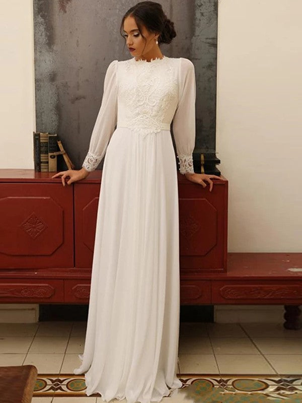 Aimishang  A-Line/Princess Chiffon Lace Jewel Long Sleeves Floor-Length Wedding Dresses