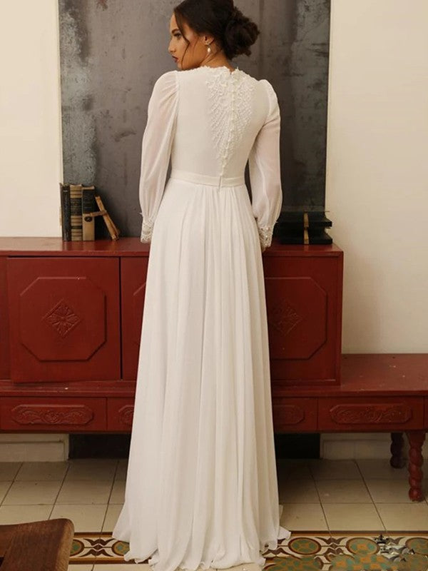Aimishang  A-Line/Princess Chiffon Lace Jewel Long Sleeves Floor-Length Wedding Dresses