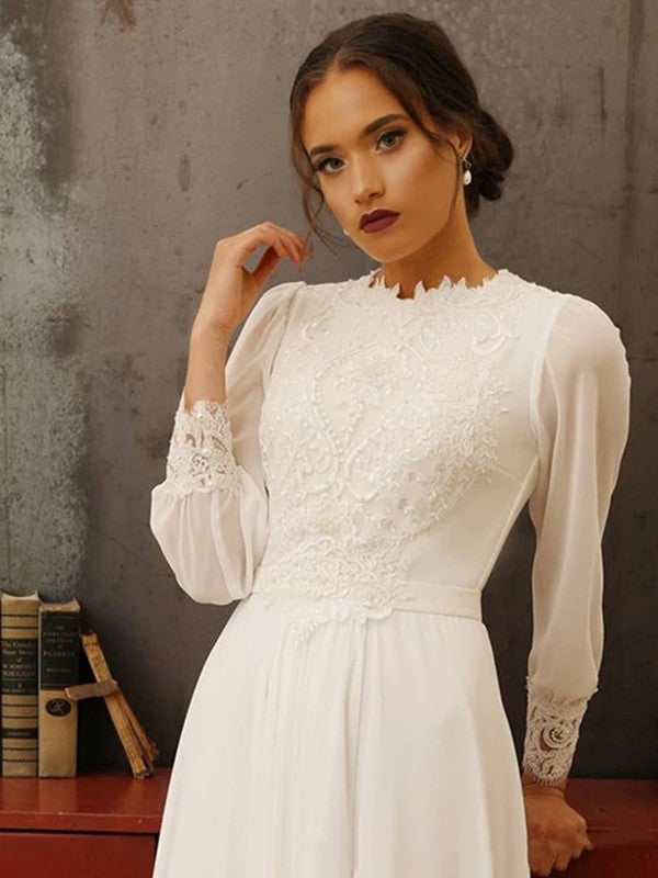 Aimishang  A-Line/Princess Chiffon Lace Jewel Long Sleeves Floor-Length Wedding Dresses