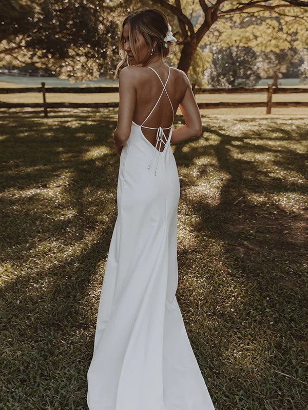 Sheath/Column  Crepe Ruffles V-neck Sleeveless Sweep/Brush Train Wedding Dresses