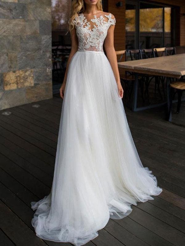 Lace Tulle Beach Bridal Gowns  Short Sleeve Boho Wedding Dresses Illusion Neck
