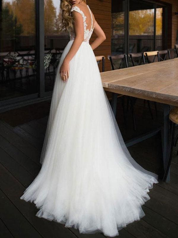 Lace Tulle Beach Bridal Gowns  Short Sleeve Boho Wedding Dresses Illusion Neck