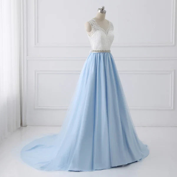 A-line Sweetheart Chapel Train Tulle Lace Beaded Wedding Dresses Light Blue Prom Dress Wholesale