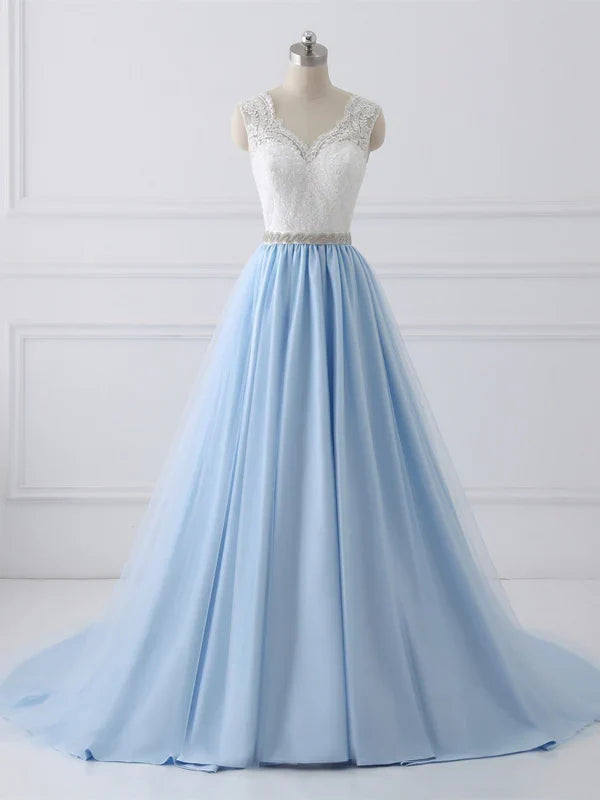 A-line Sweetheart Chapel Train Tulle Lace Beaded Wedding Dresses Light Blue Prom Dress Wholesale
