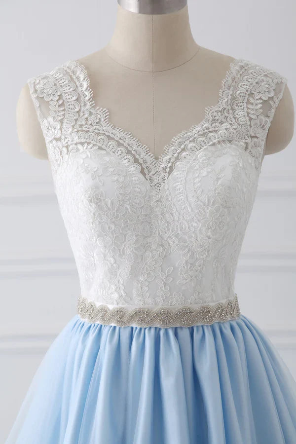 A-line Sweetheart Chapel Train Tulle Lace Beaded Wedding Dresses Light Blue Prom Dress Wholesale