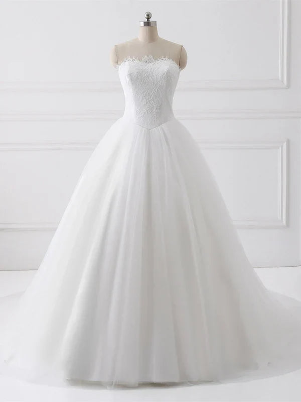 A-line Sweetheart Chapel Train Tulle Lace Wedding Dresses Off Shoulder Elegant Wholesale