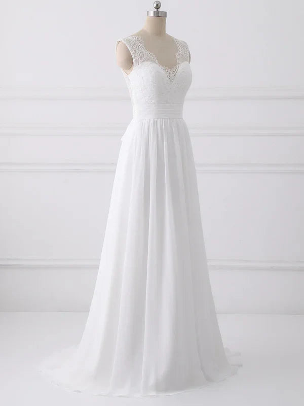A-line V-neck Sweep Train Chiffon Lace Wedding Dresses With Bows Floor Length Wholesale