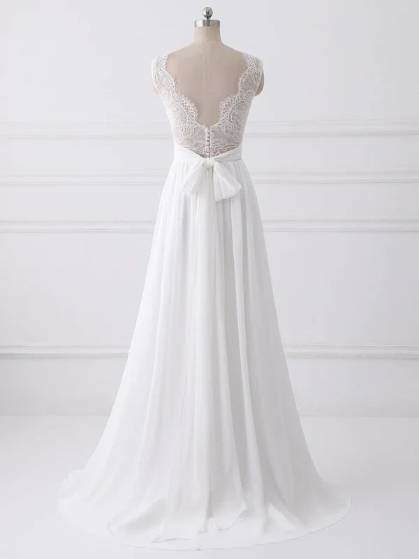 A-line V-neck Sweep Train Chiffon Lace Wedding Dresses With Bows Floor Length Wholesale