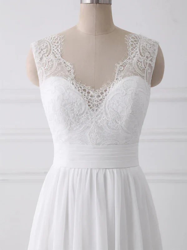 A-line V-neck Sweep Train Chiffon Lace Wedding Dresses With Bows Floor Length Wholesale