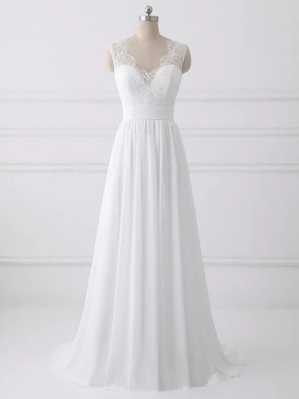 A-line V-neck Sweep Train Chiffon Lace Wedding Dresses With Bows Floor Length Wholesale