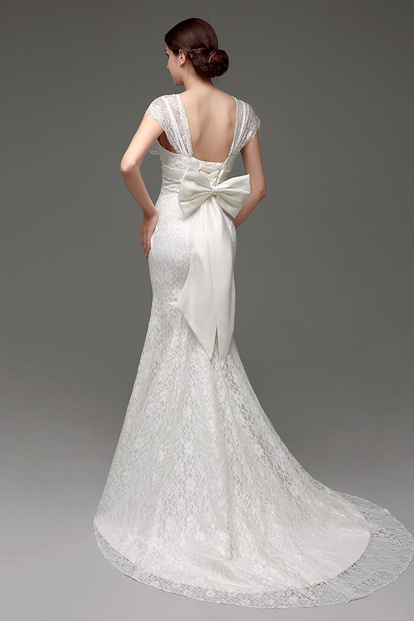 Mermaid Lace-Up Back Long White Wedding Dress with Bowknot
