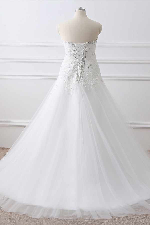 Long Sweetheart Beaded A-line White Wedding Dress with Lace