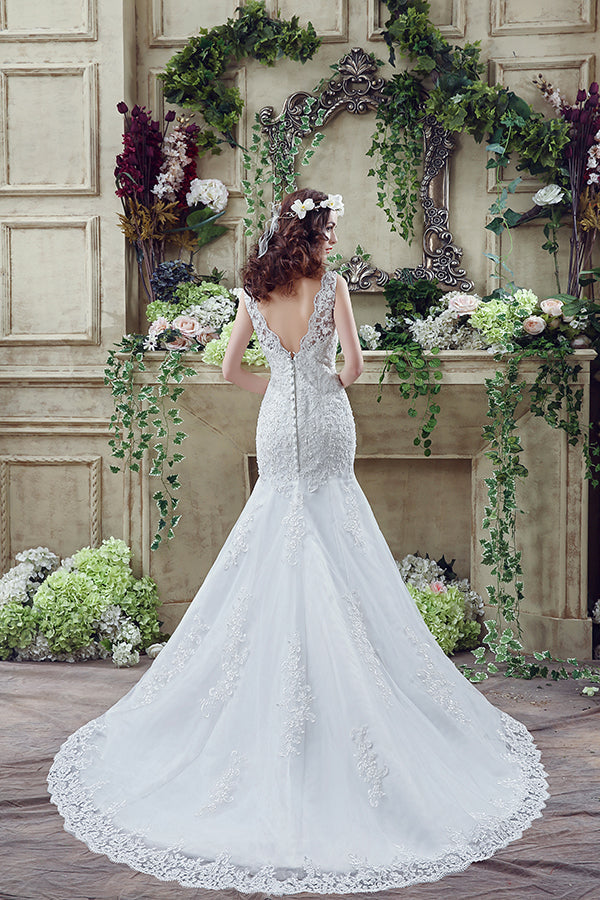 Mermaid V Back Long White Wedding Dress with Appliques