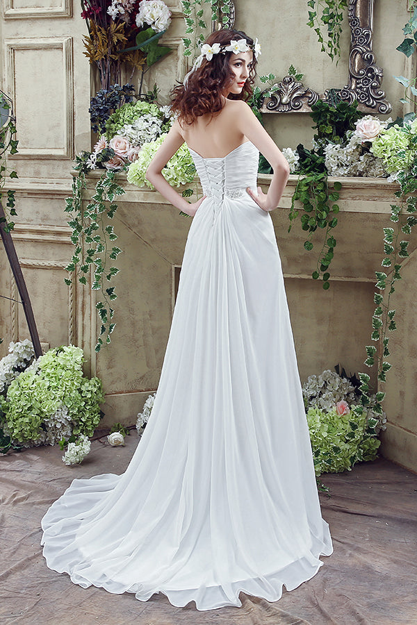 Long Sweetheart A-line White Chiffon Wedding Dress with Slit