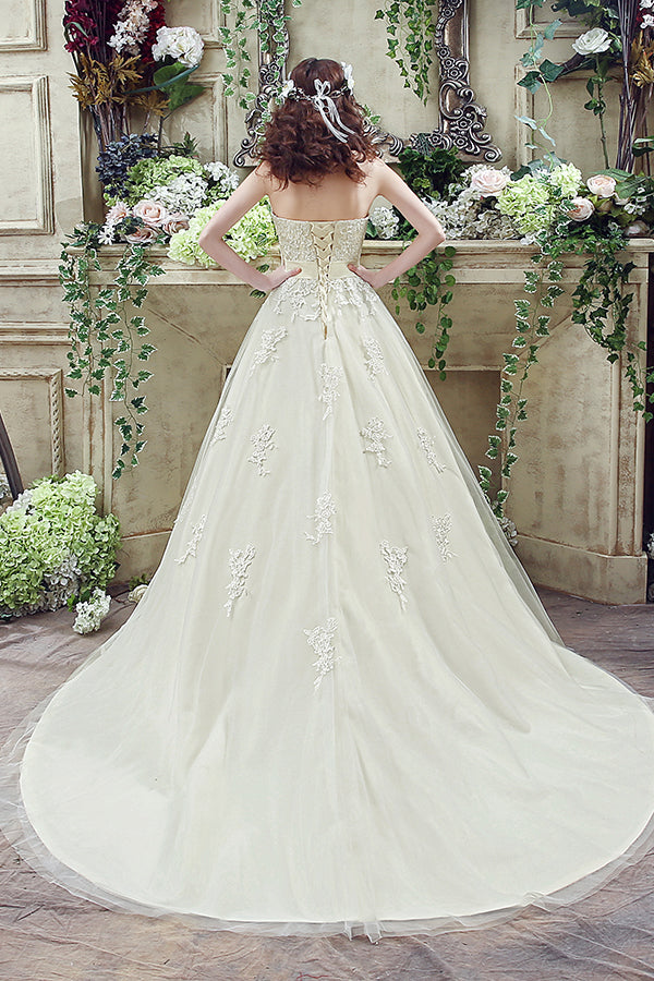 Long Lace-Up Sweetheart A-line Light Yellow Wedding Dress